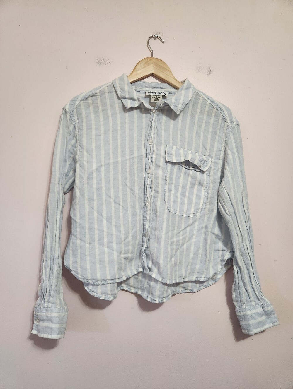 DKNY Jeans Coastal Blue Striped Linen Blend Cropped Button Down Shirt Top Size L